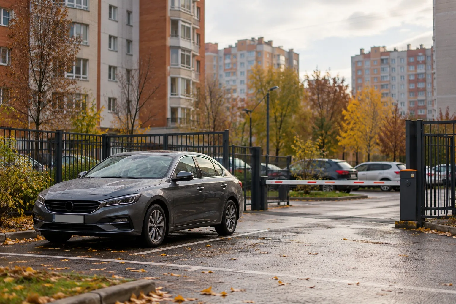 Легковой автомобиль стоит на огороженной стоянке у жилого дома