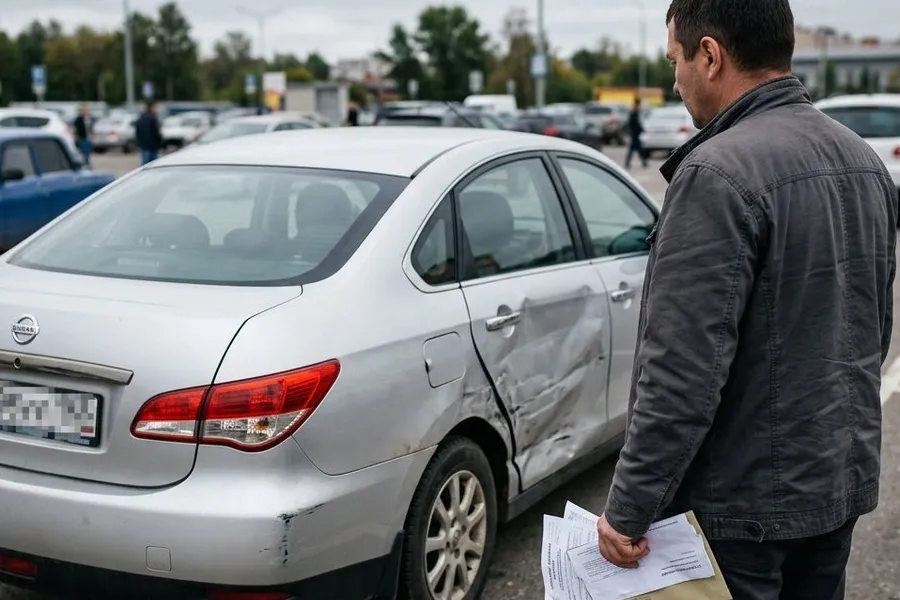 Мужчина с документами осматривает повреждённый Nissan после ДТП