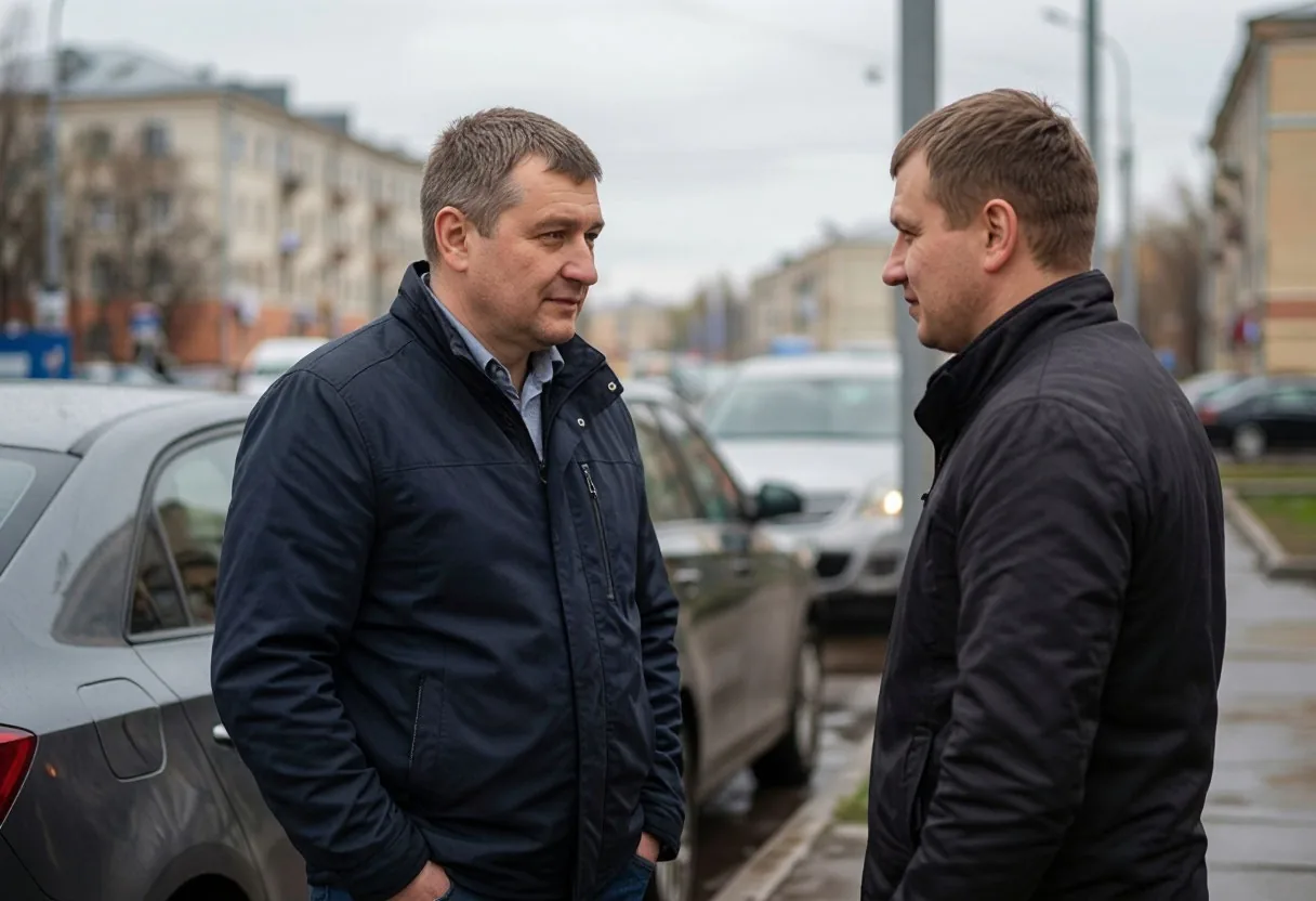 Двое водителей у своих машин на обочине обсуждают оформление происшествия