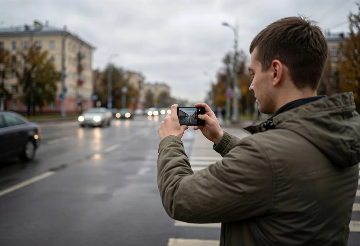 Мужчина фотографирует на смартфон обстановку на перекрёстке после происшествия