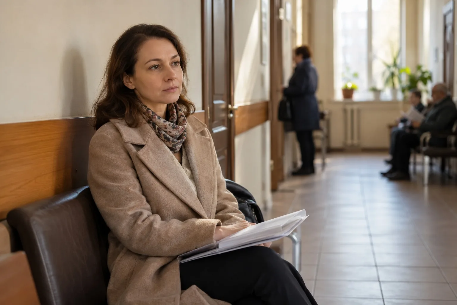 Женщина с папкой документов сидит в коридоре учреждения в ожидании приёма