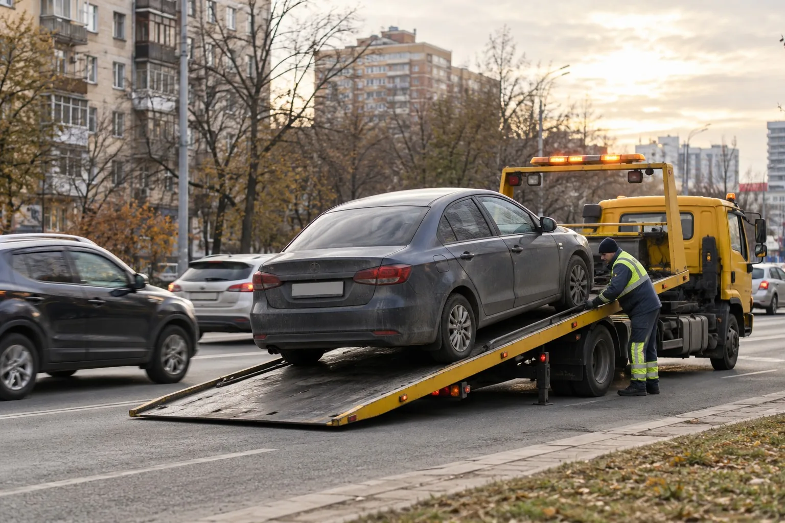 Эвакуатор грузит легковой автомобиль на городской улице