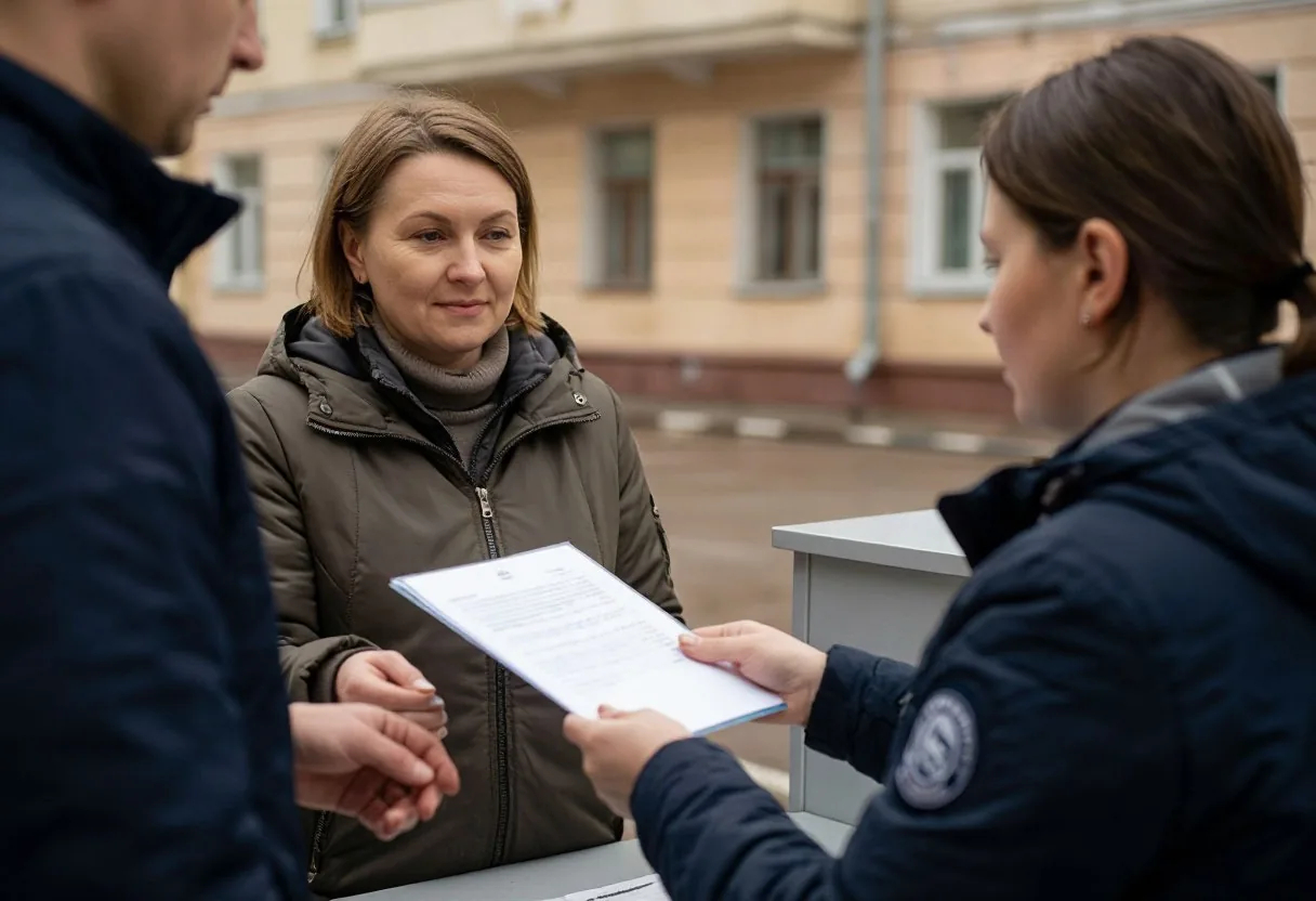 Женщина у стойки центра госуслуг подаёт папку с документами специалисту