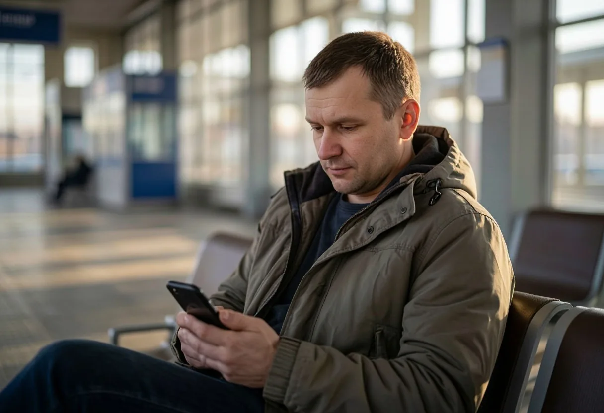 Мужчина ждёт приёма на скамье в зале ожидания учреждения и смотрит в телефон