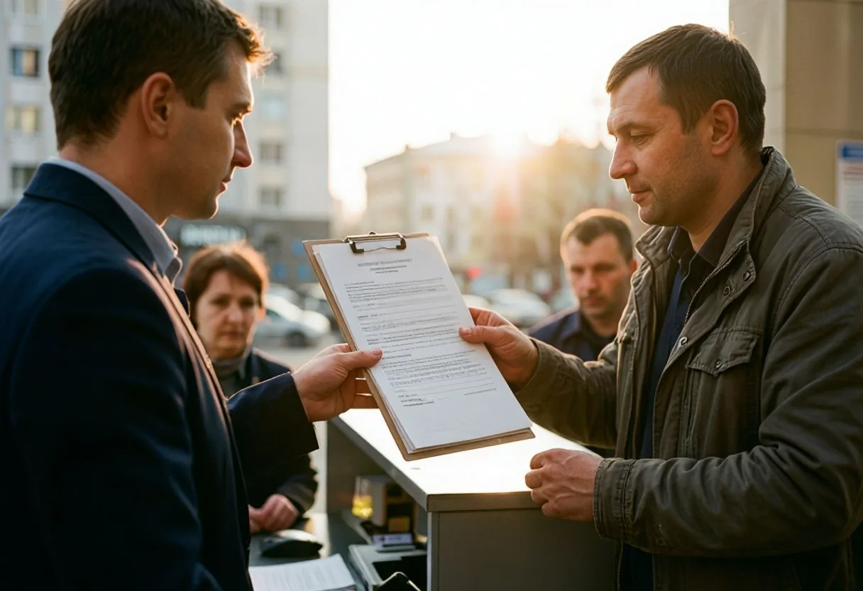 Мужчина подаёт папку с бумагами сотруднице за стойкой приёма в учреждении