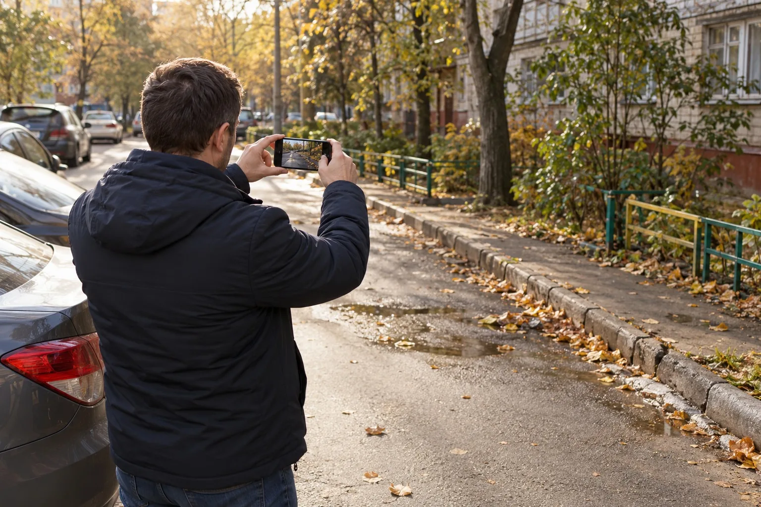 Мужчина фотографирует на телефон место, где стоит его машина