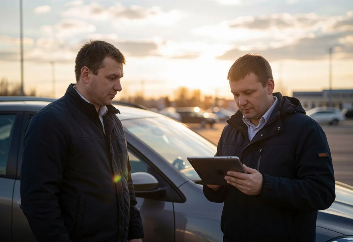 Двое мужчин осматривают автомобиль на площадке хранения, один с планшетом