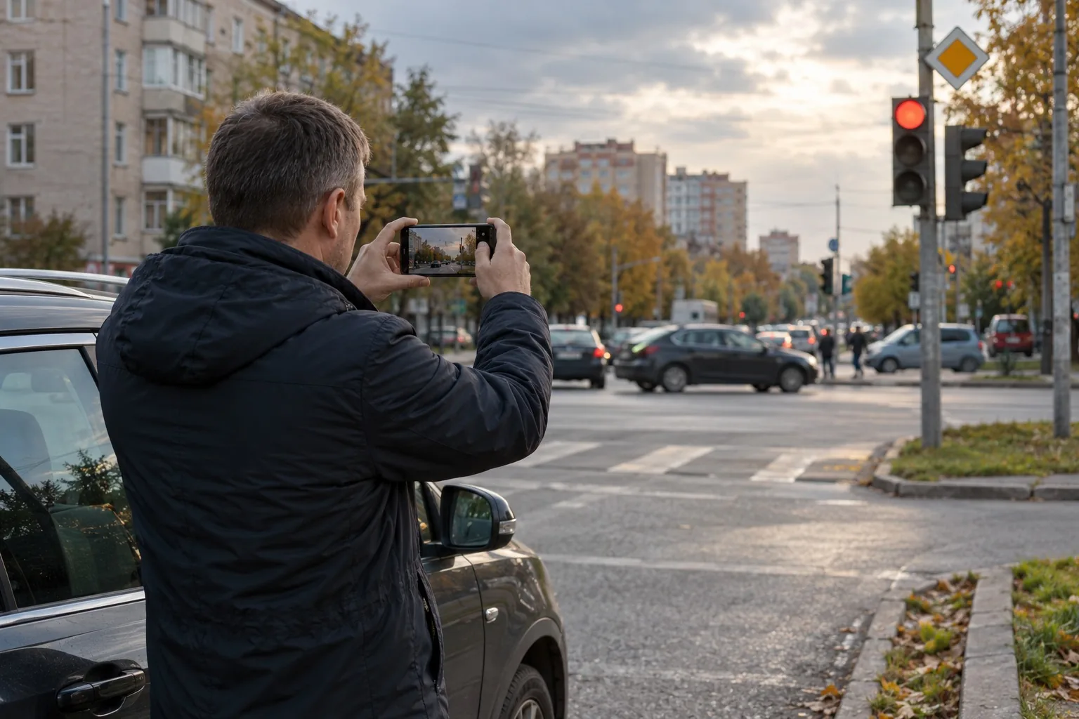 Водитель фотографирует на телефон перекрёсток рядом со своей машиной