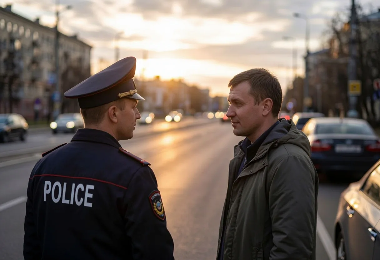 Водитель разговаривает с сотрудником ДПС у обочины городской улицы