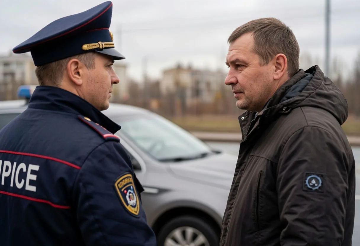 Водитель разговаривает с сотрудником ДПС у обочины рядом со своей машиной