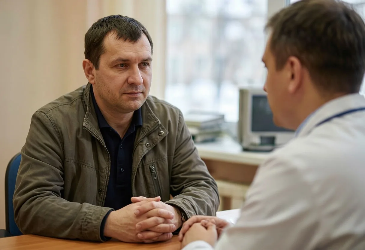 Мужчина сидит у стола в кабинете медицинского учреждения напротив медработника