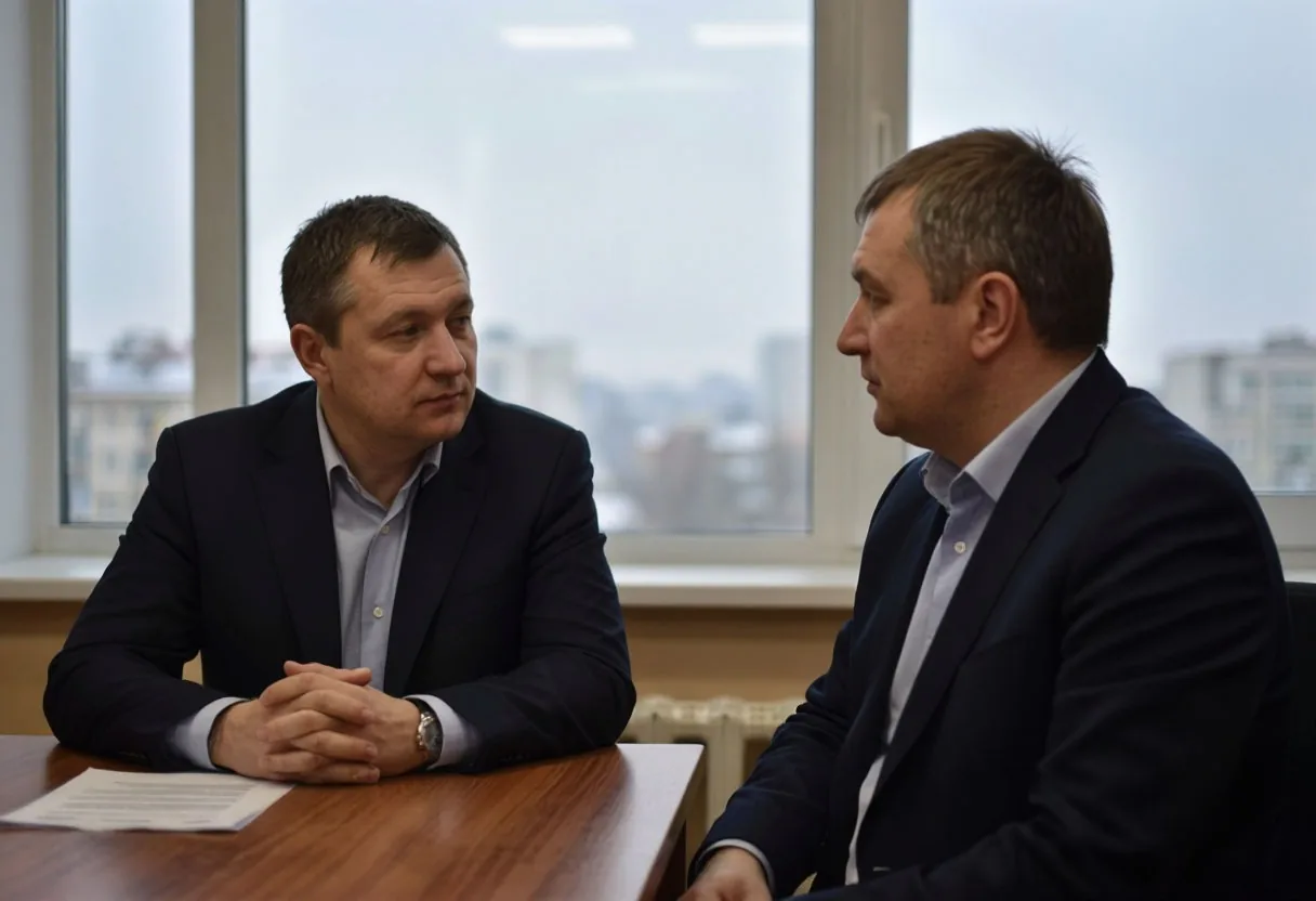 Двое мужчин за столом в офисе обсуждают дополнительные услуги к автокредиту