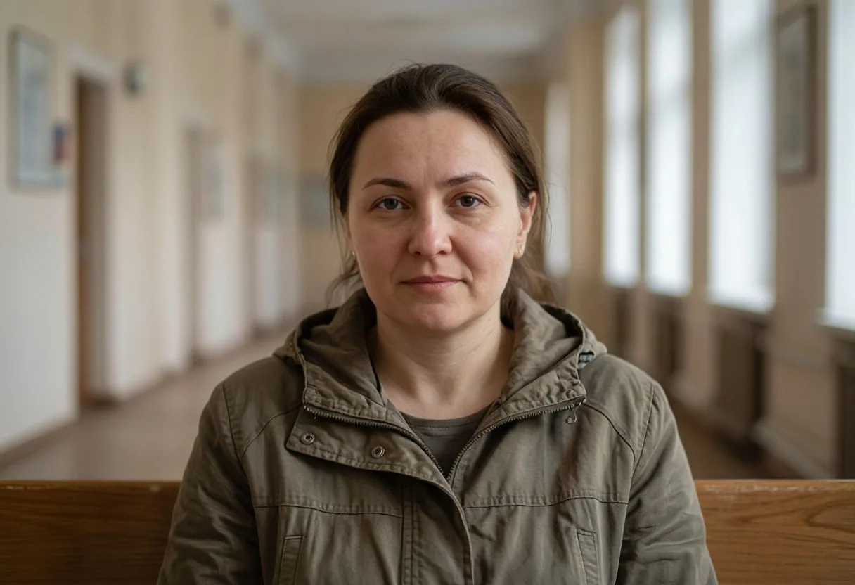 Женщина с папкой ждёт приёма на скамье в коридоре суда