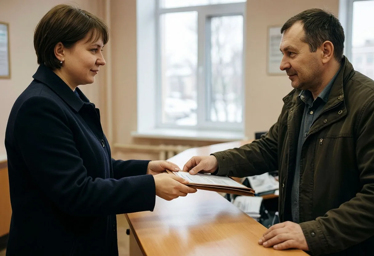 Мужчина передаёт папку с документами сотруднице за стойкой офиса