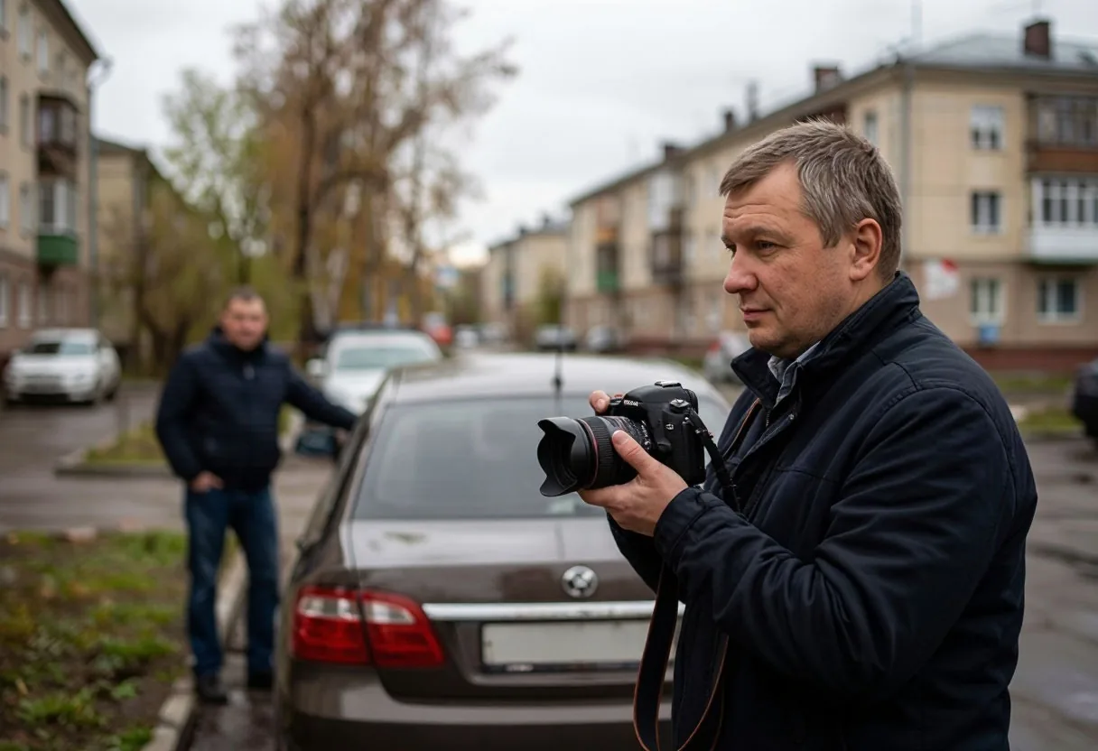 Мужчина фотографирует автомобиль на парковке, рядом стоит владелец машины