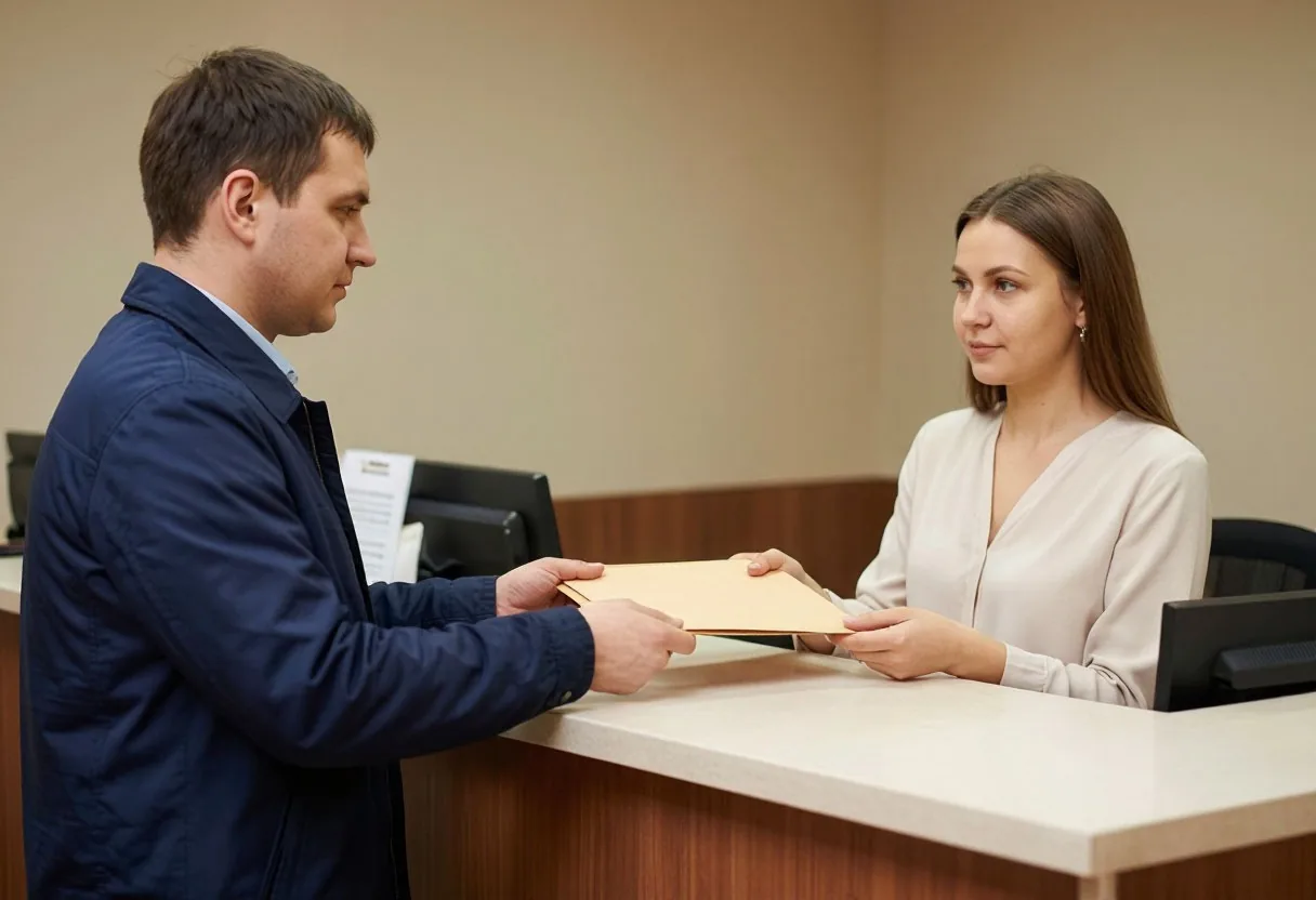 Мужчина в куртке передаёт папку сотруднице на приёме документов