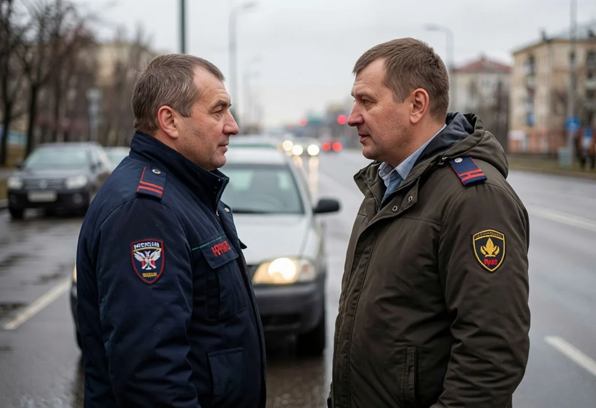 Водитель разговаривает с инспектором ДПС у обочины рядом со своей машиной
