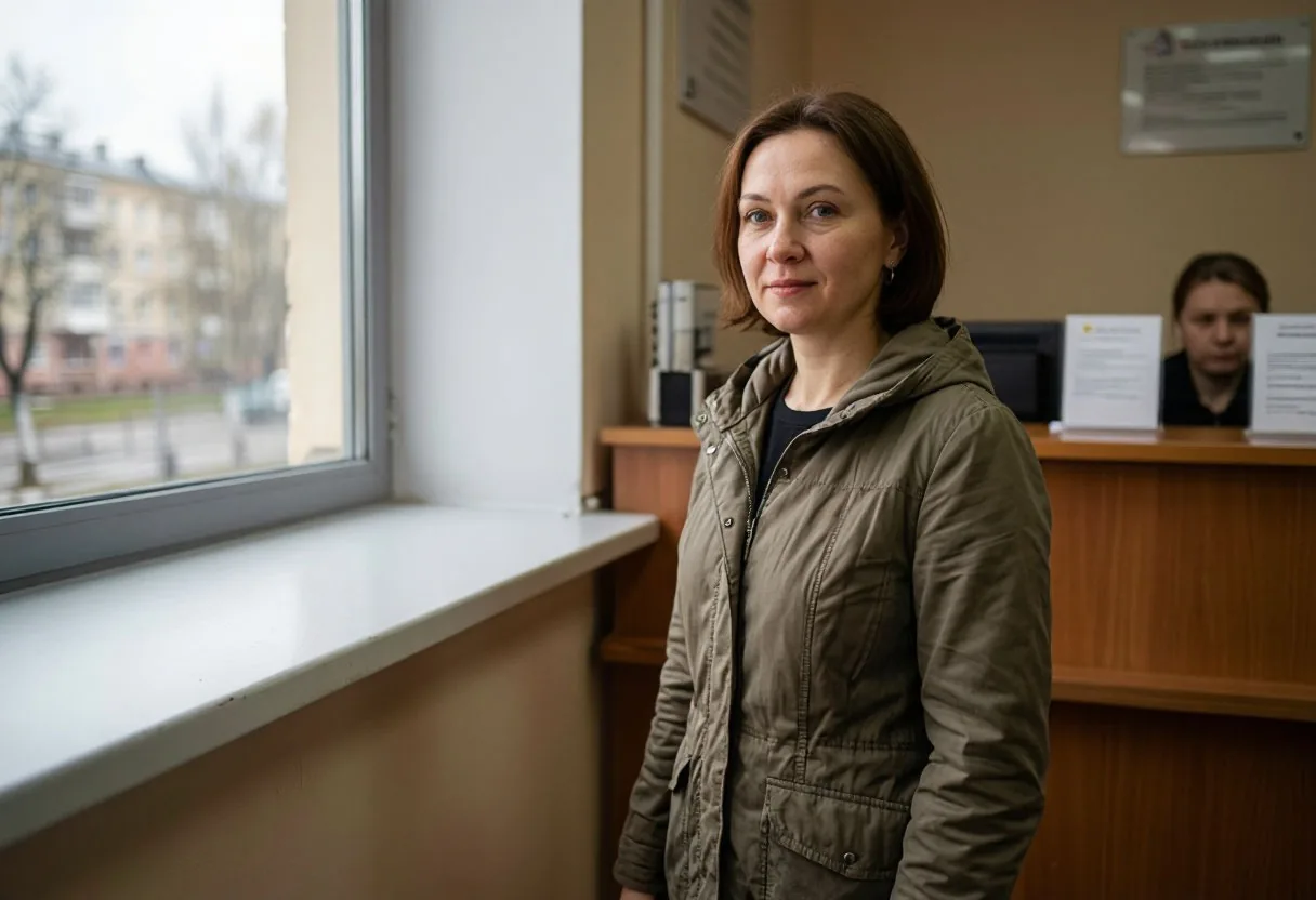 Женщина у окна приёма документов в офисе страховой компании