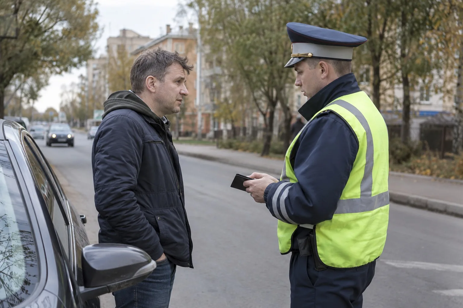 Водитель разговаривает с инспектором ДПС у обочины городской улицы