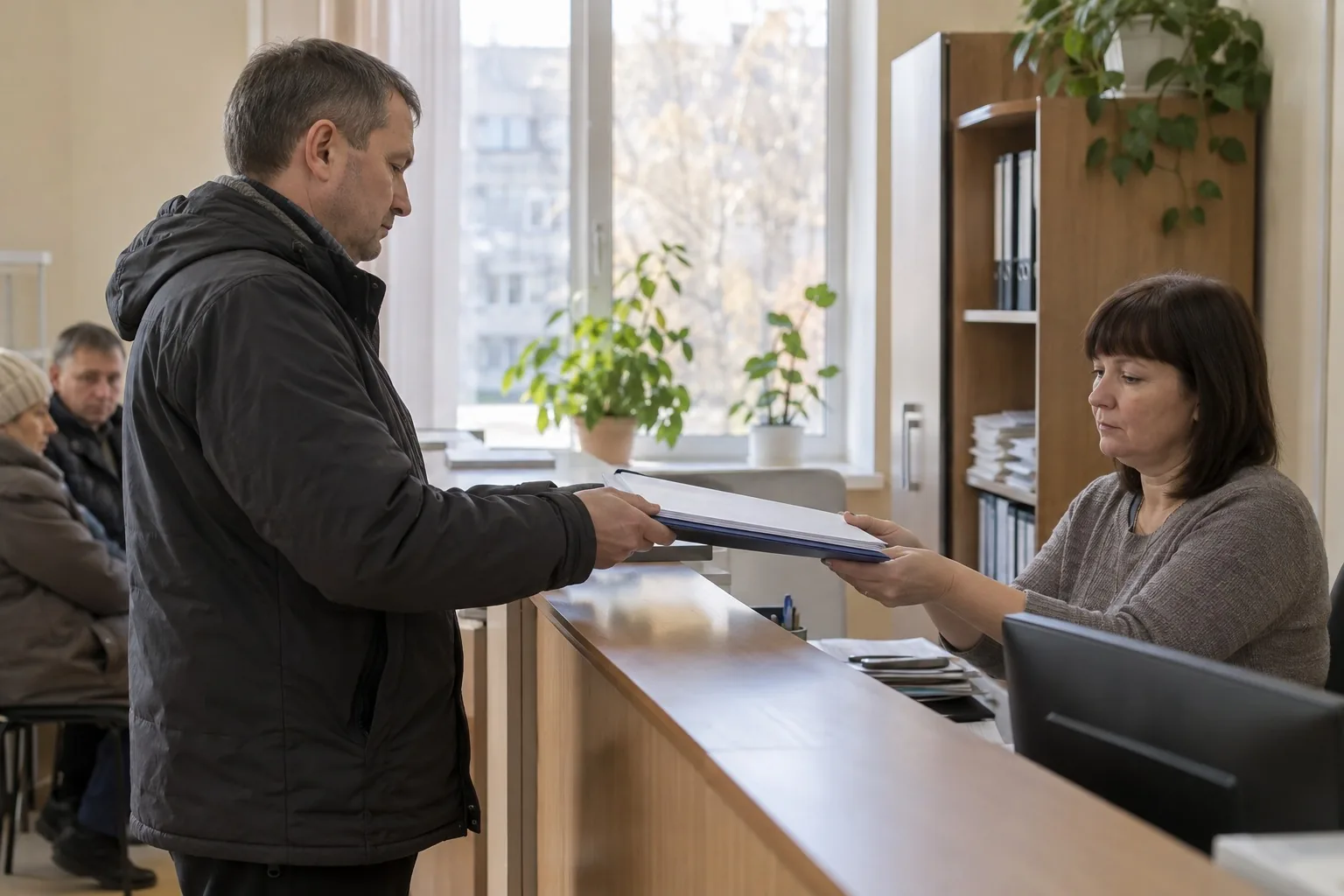 Мужчина у стойки приёма документов передаёт сотруднице папку с бумагами