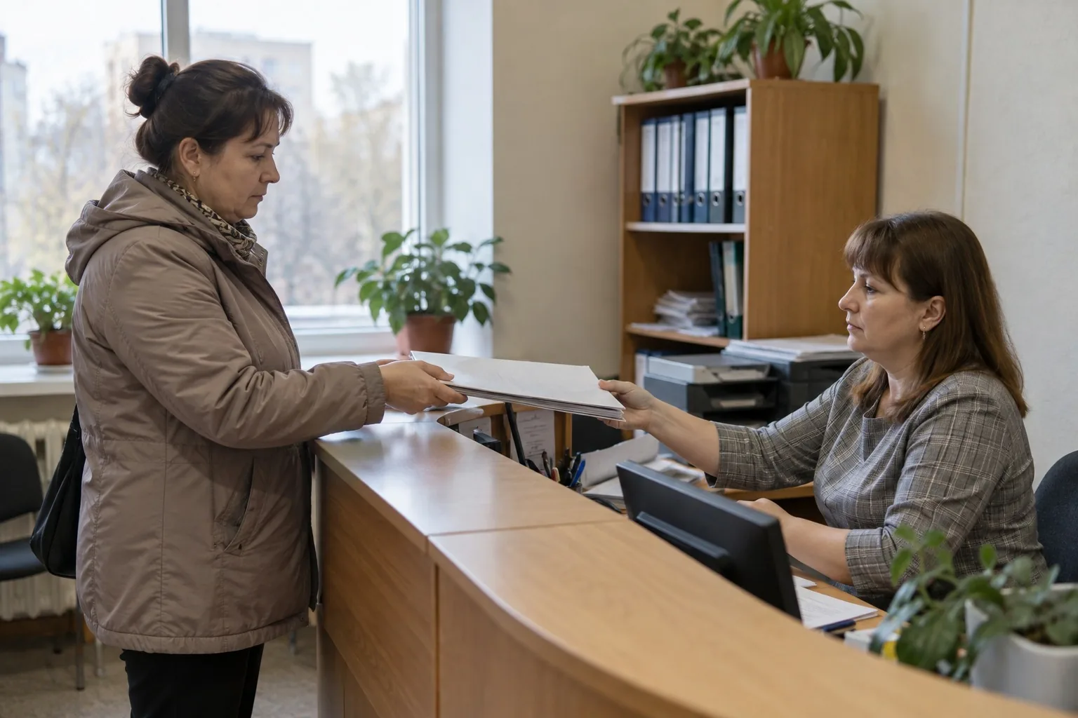 Женщина передаёт папку с бумагами сотруднице у стойки приёма
