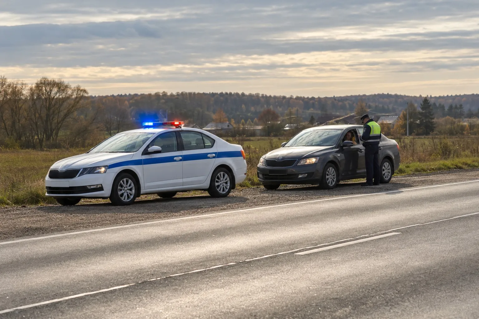 Патрульный автомобиль на обочине загородной трассы с включёнными маячками
