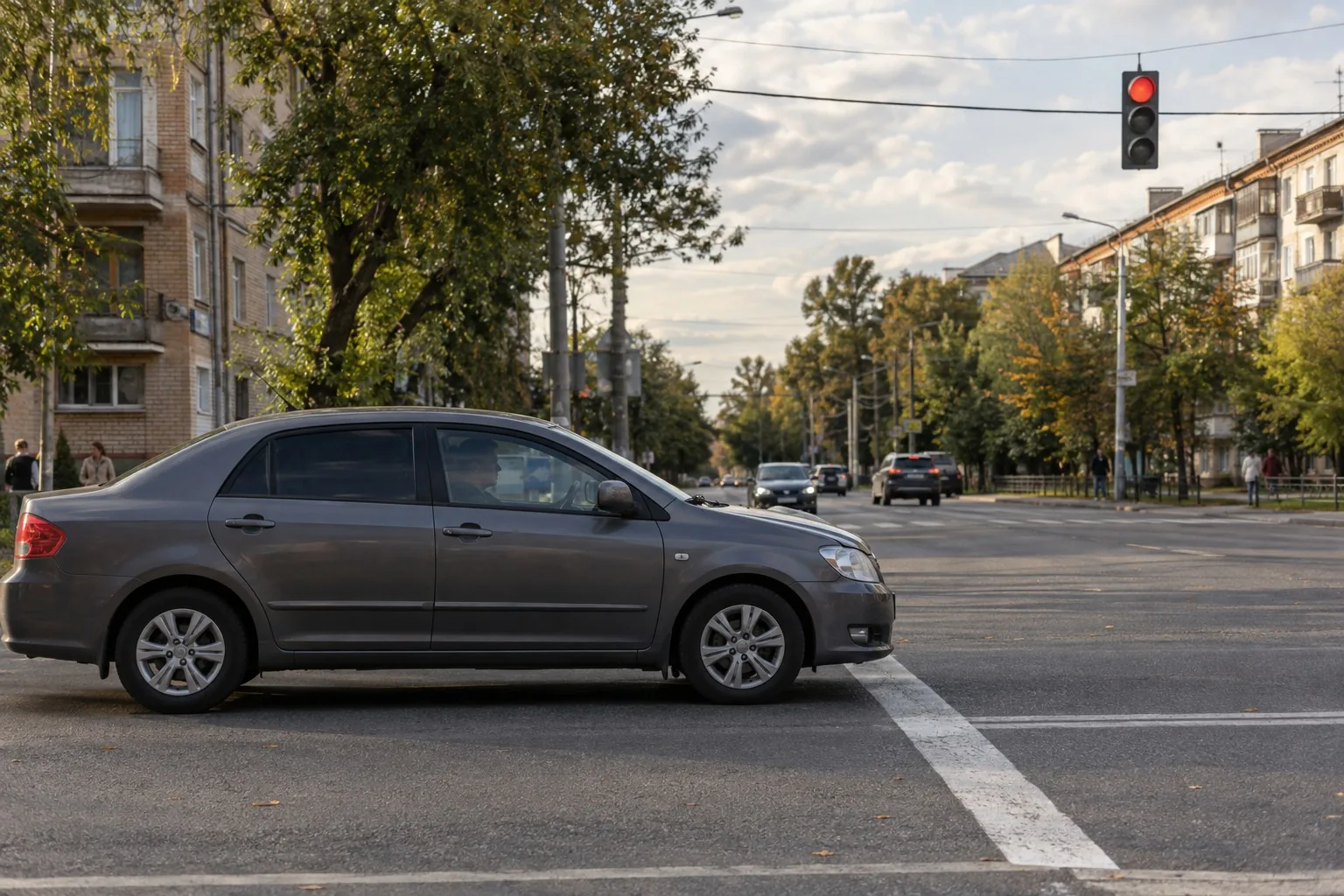 Автомобиль перед стоп-линией на городской улице, над дорогой светофор