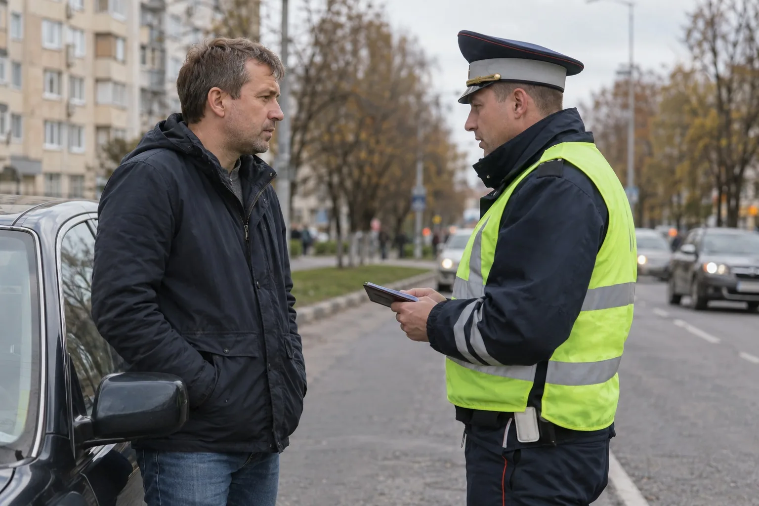 Водитель разговаривает с инспектором ДПС у обочины городской улицы