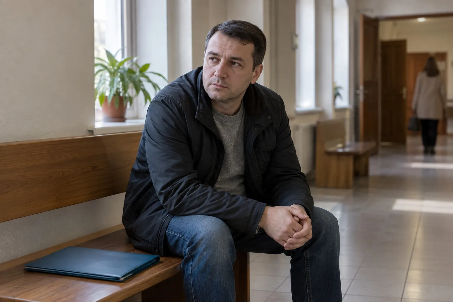 Мужчина ждёт на скамье в светлом коридоре суда, рядом папка с бумагами