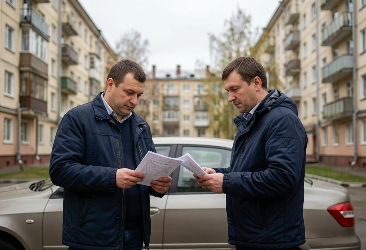 Покупатель и продавец обсуждают документы у автомобиля во дворе
