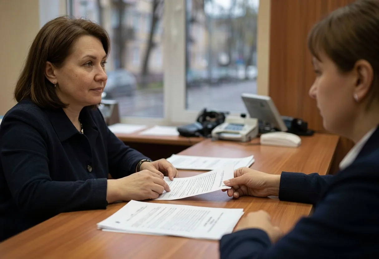 Посетительница у стойки приёма документов в нотариальной конторе