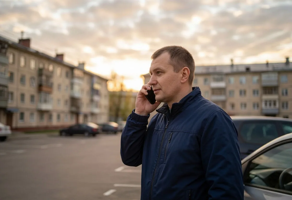 Мужчина у своей машины во дворе разговаривает по телефону со страховой