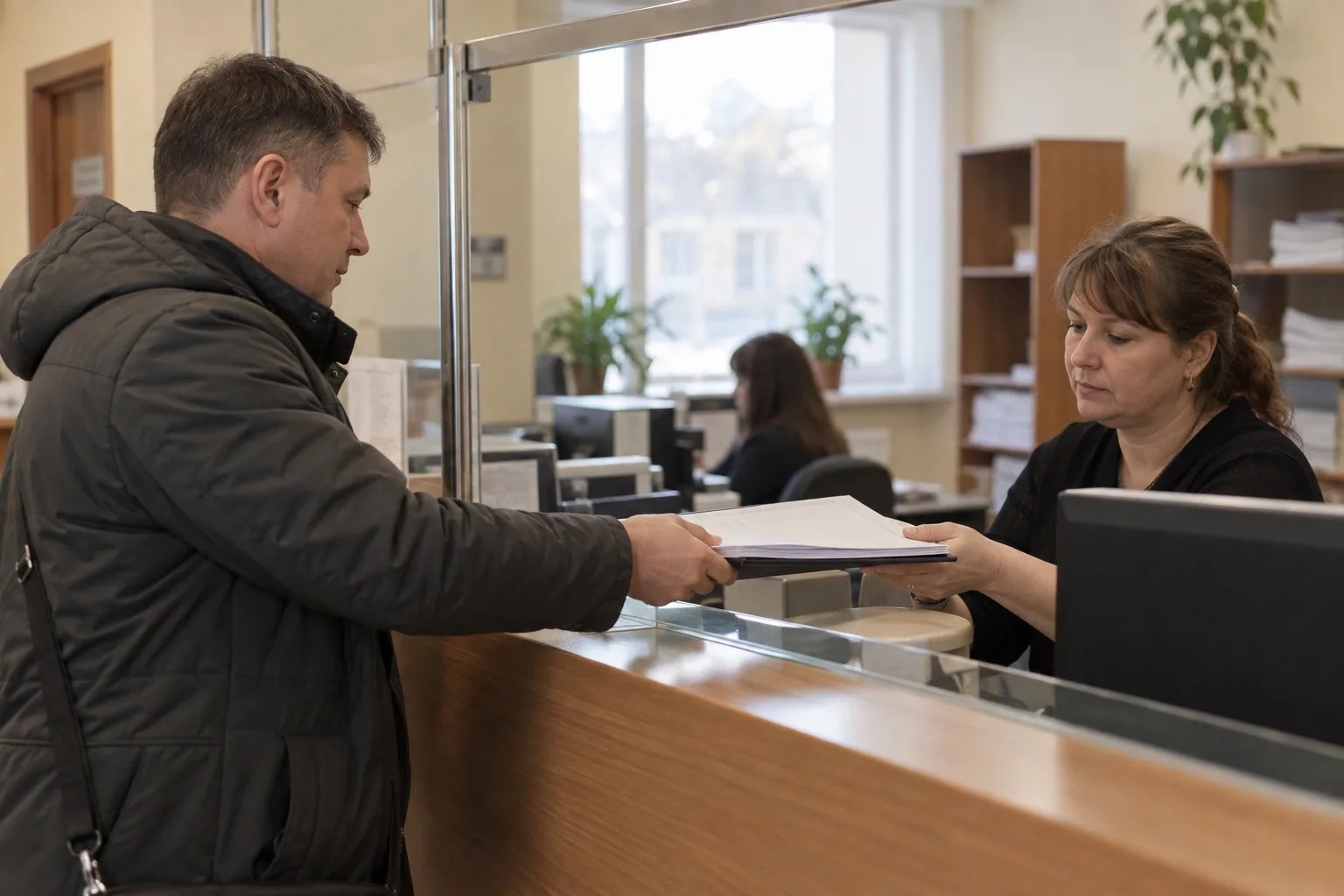Мужчина передаёт бумаги сотруднице у стойки приёма канцелярии суда