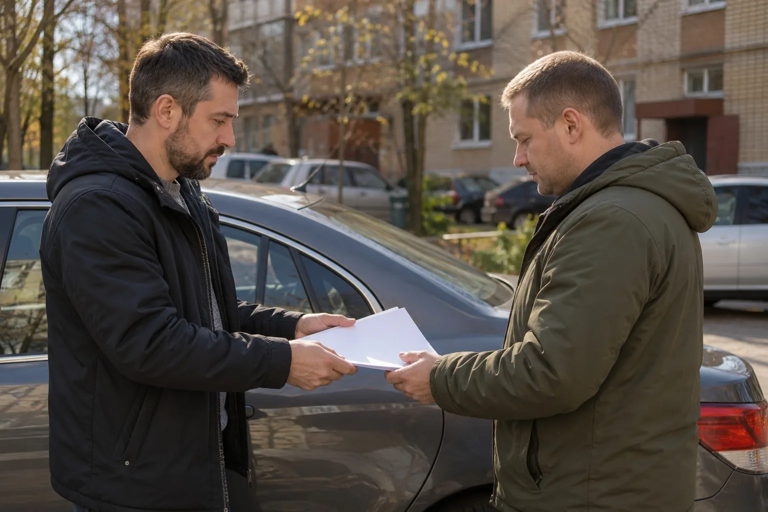 Продавец передаёт покупателю бумаги у легкового автомобиля во дворе