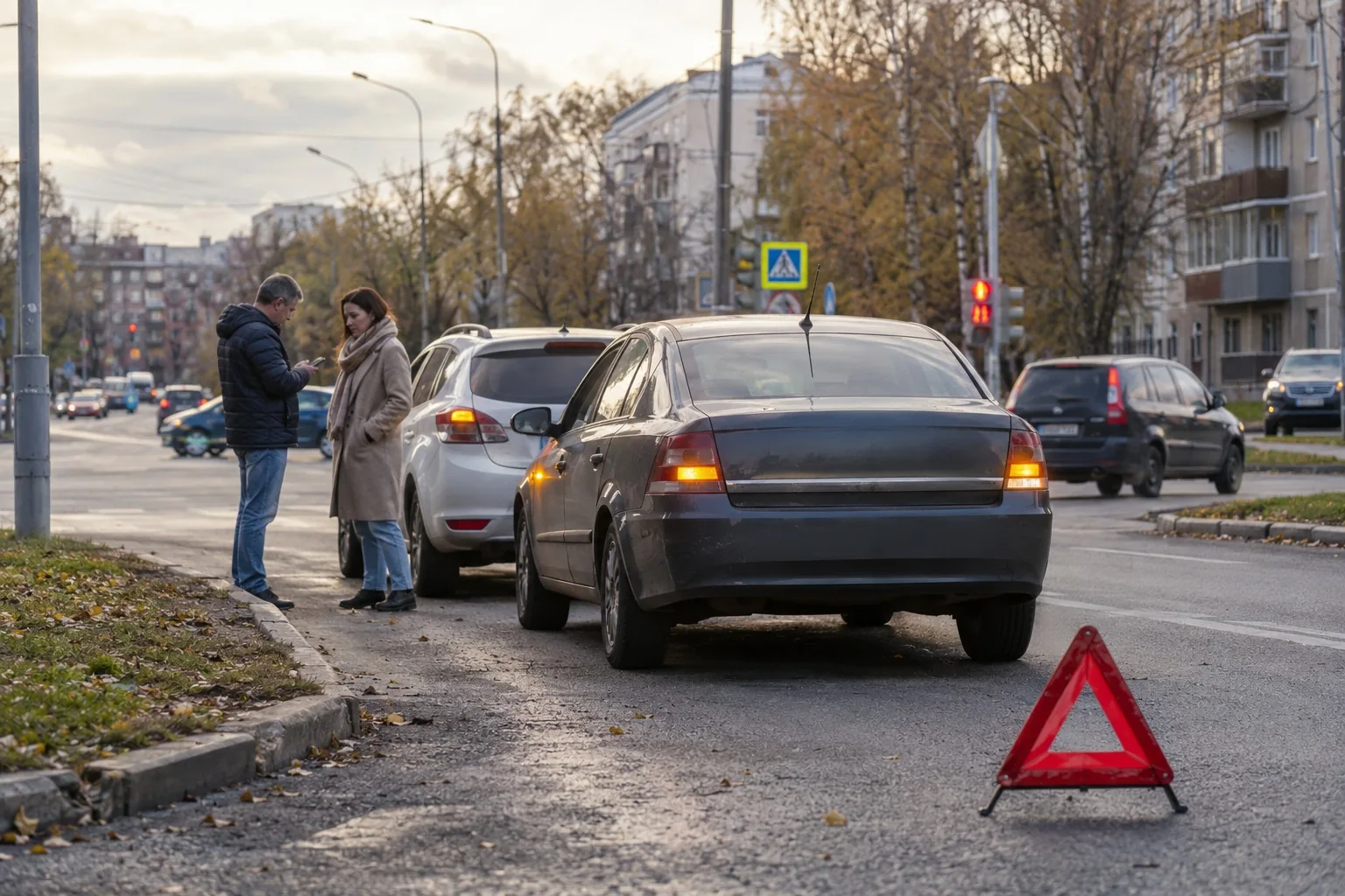 Две легковые машины с аварийкой стоят у перекрёстка