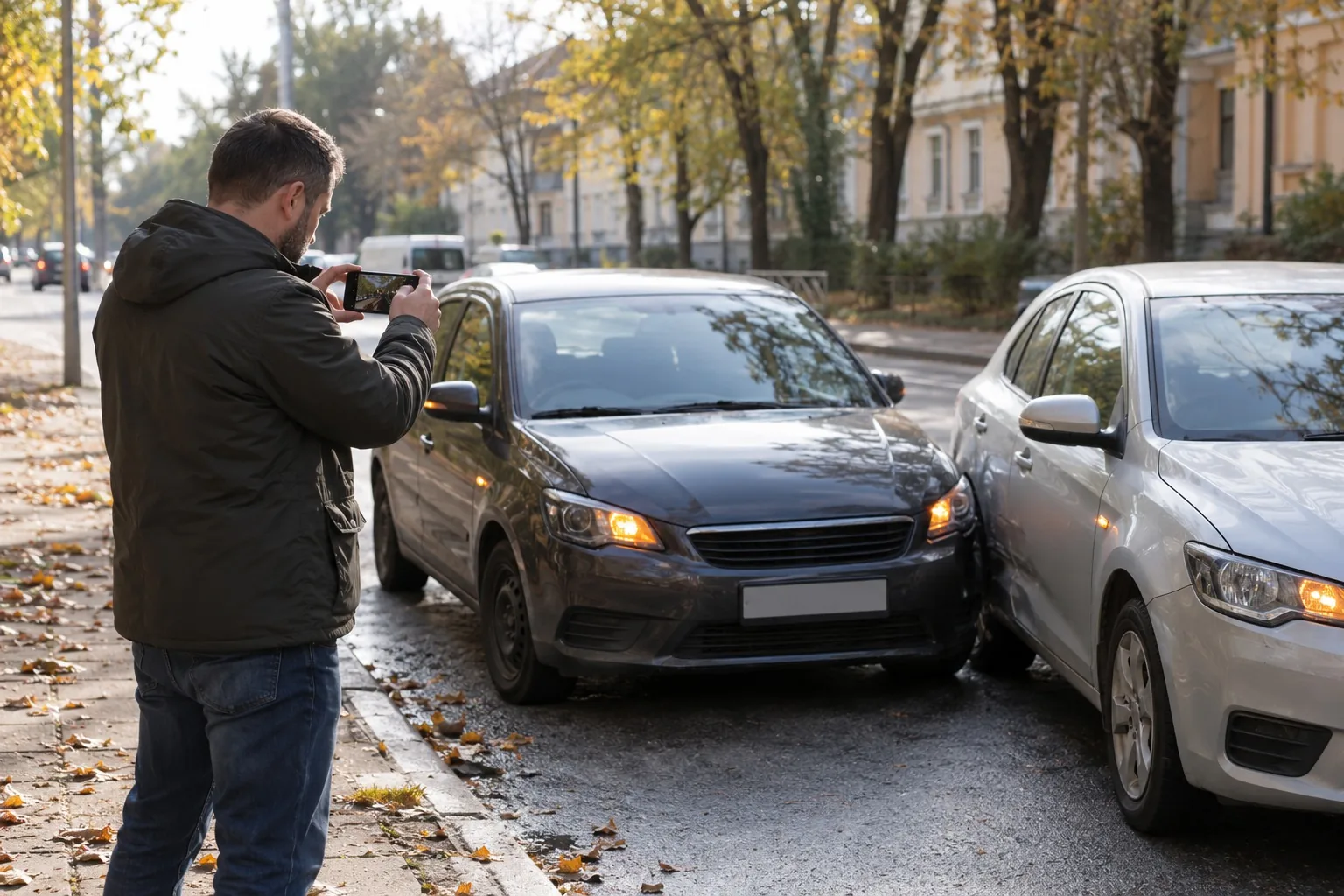 Водитель фотографирует на телефон машины на месте аварии