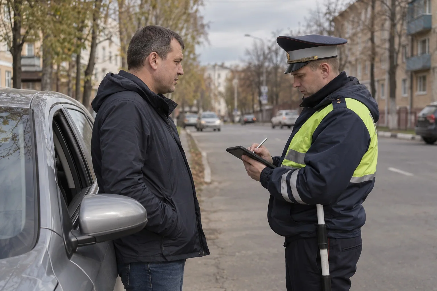 Водитель разговаривает с инспектором ДПС у обочины, инспектор делает записи