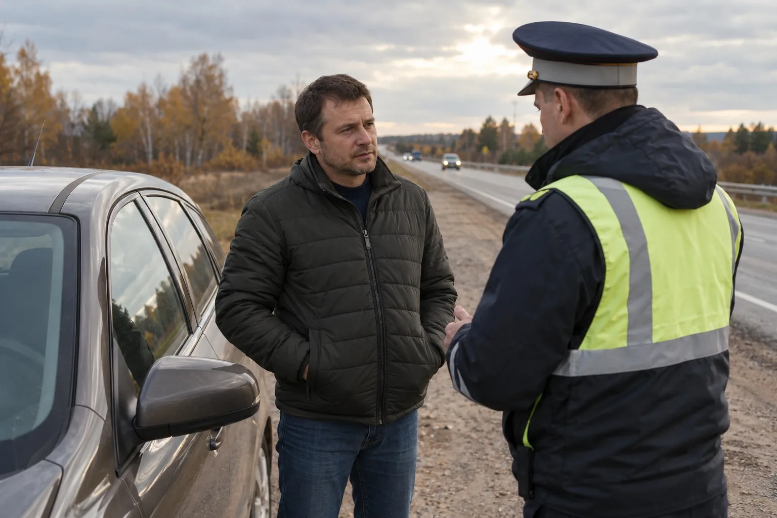 Водитель в куртке разговаривает с инспектором ДПС у обочины