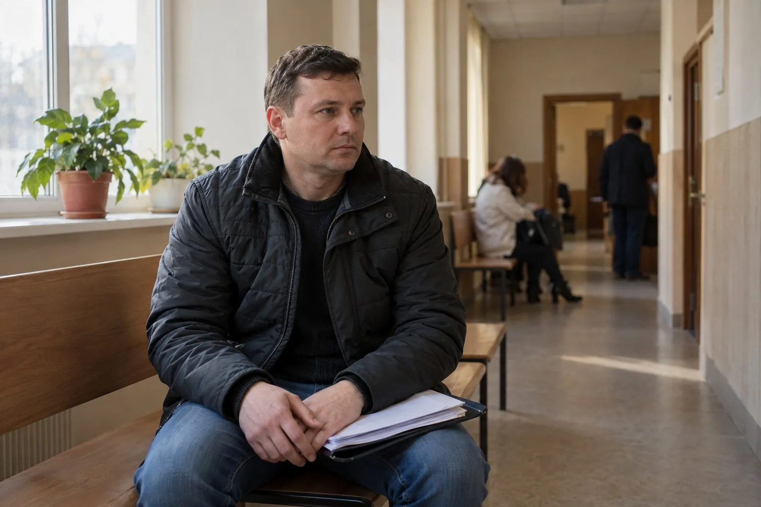 Мужчина с папкой бумаг ждёт заседания на скамье в коридоре суда