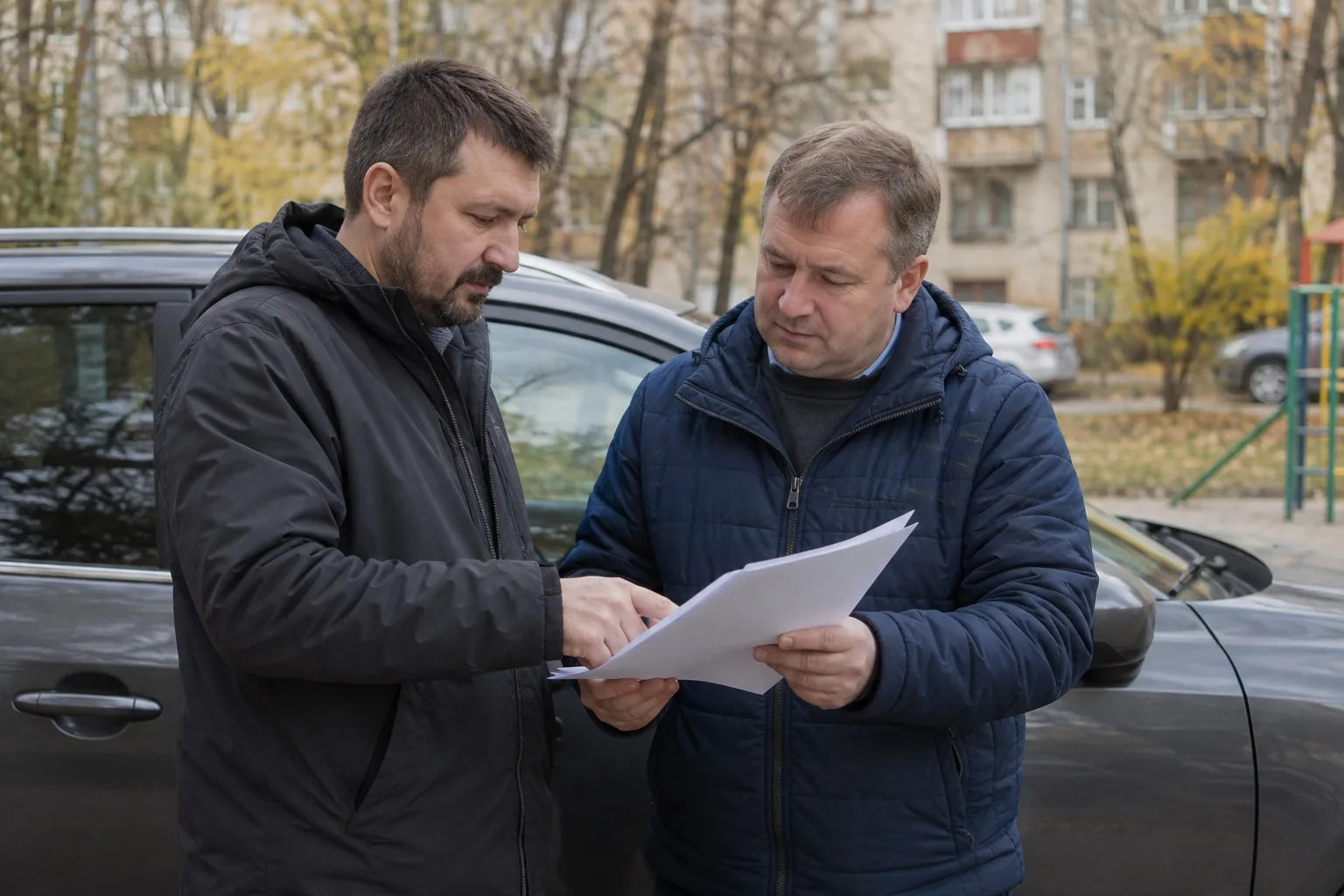 Двое мужчин у автомобиля во дворе обсуждают постановление и его даты