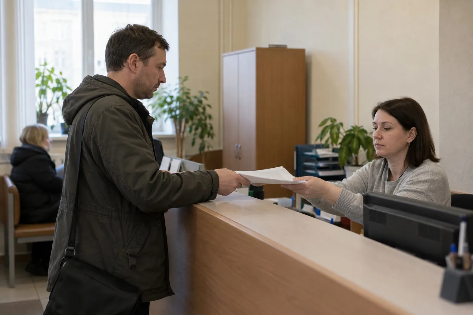 Мужчина подаёт заявление сотруднику в окно приёма документов учреждения