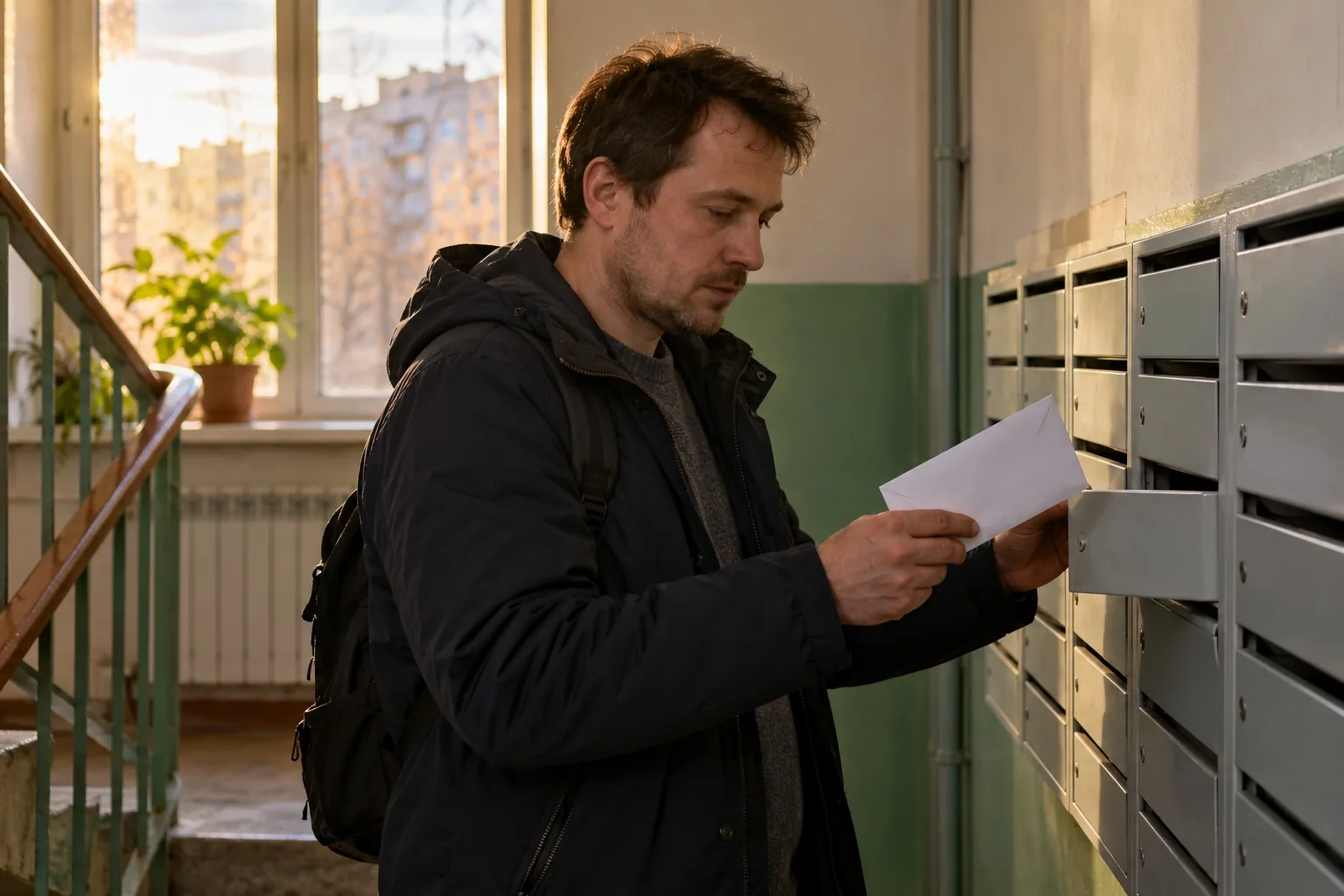 Мужчина в подъезде у почтовых ящиков держит полученный конверт