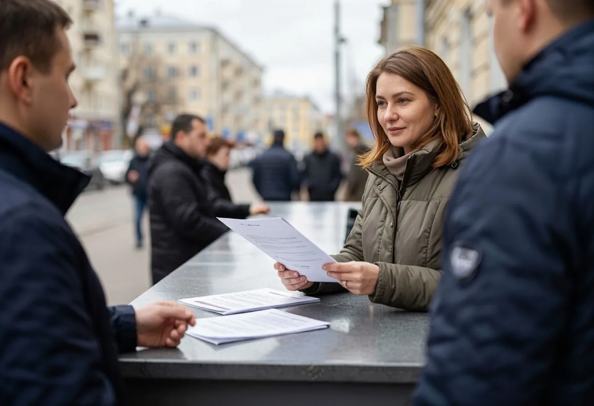 Женщина подаёт папку с бумагами в окно приёма документов учреждения