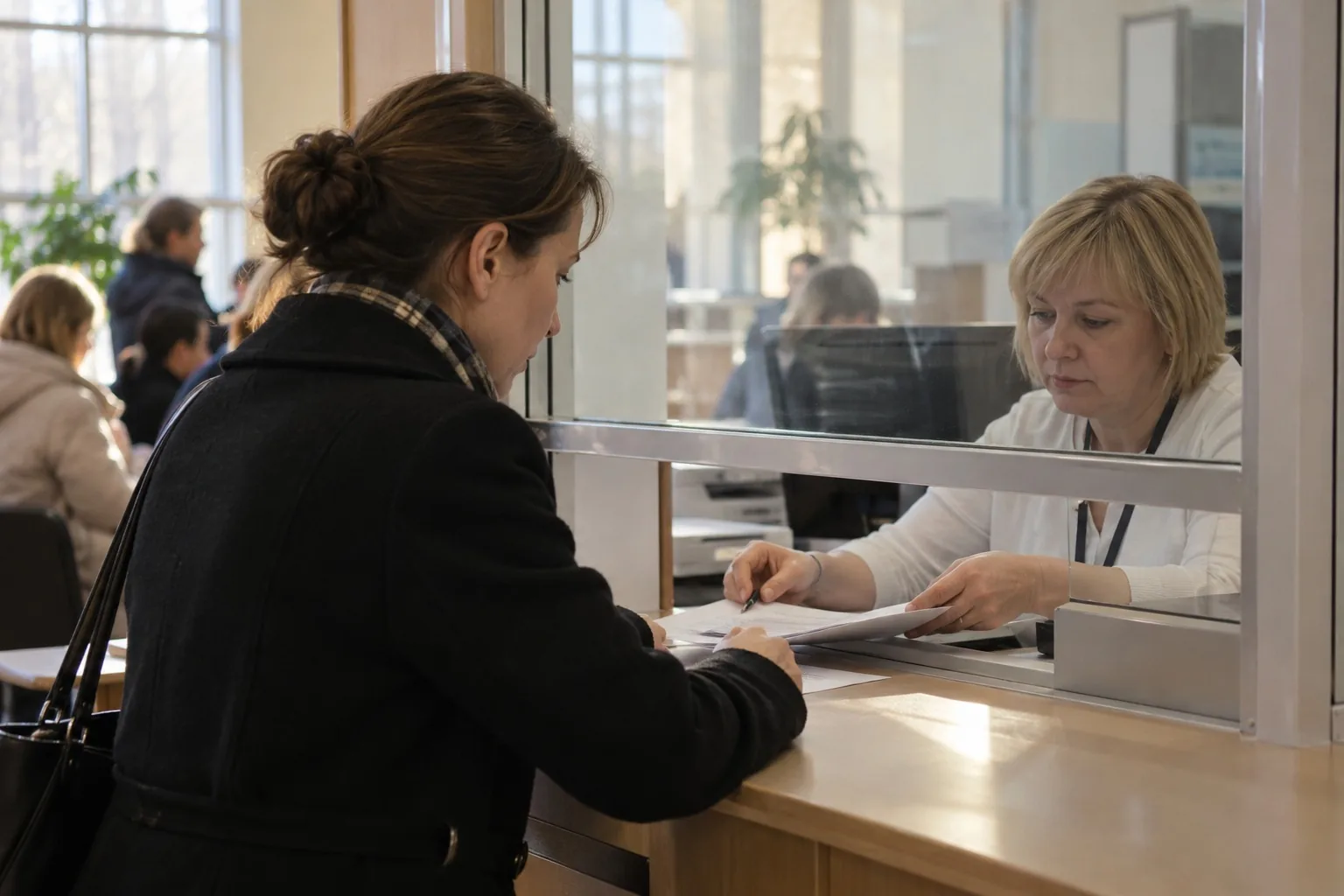 Женщина подаёт заявление у окна приёма документов
