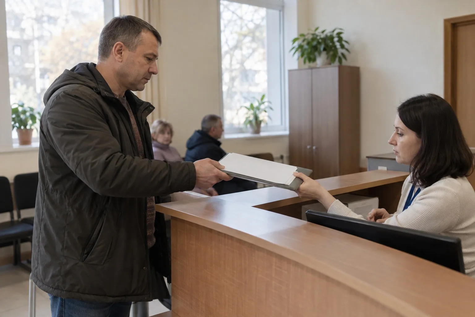 Мужчина подаёт папку с бумагами сотруднице за стойкой приёма в учреждении