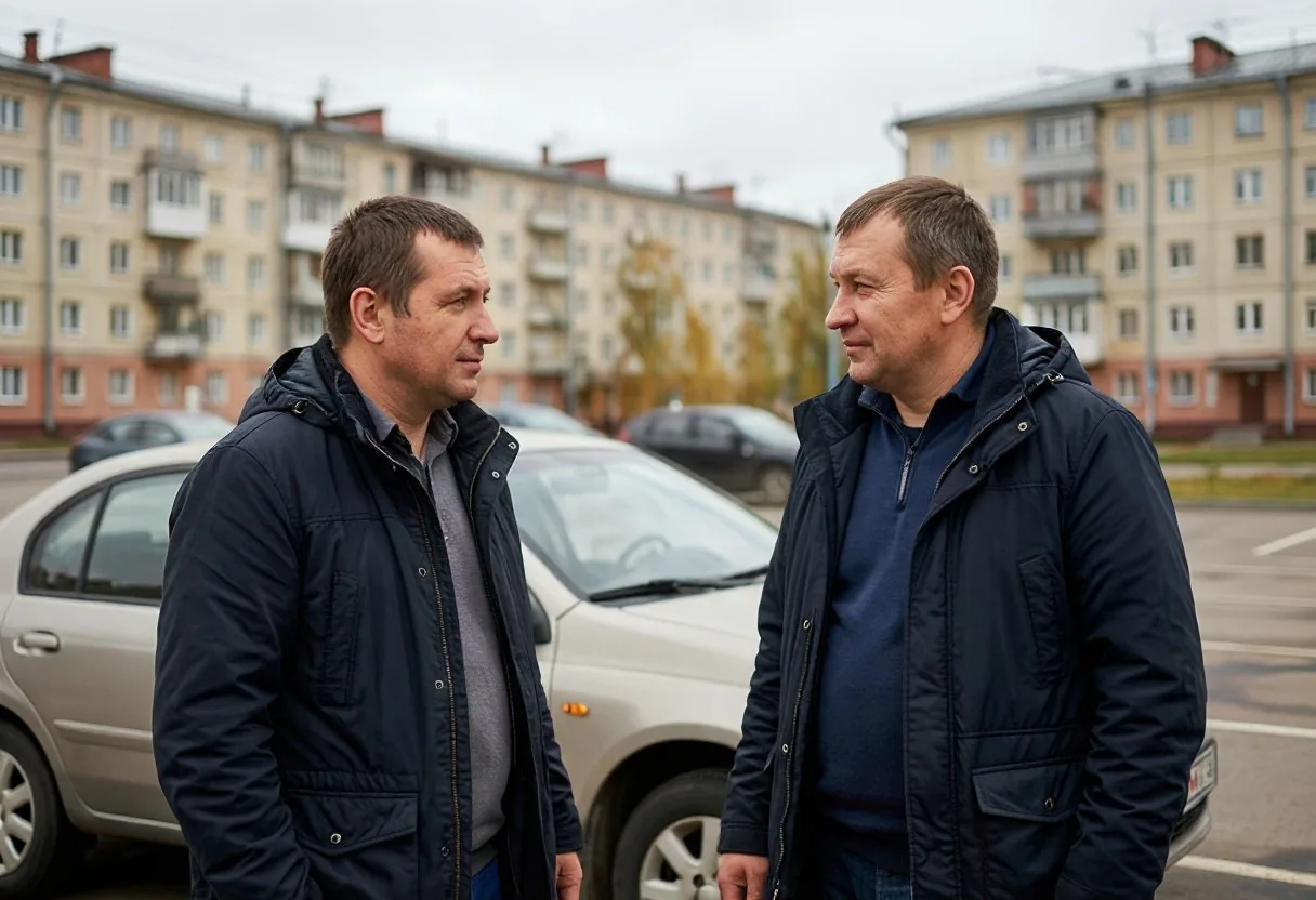 Двое мужчин разговаривают у легкового автомобиля во дворе дома