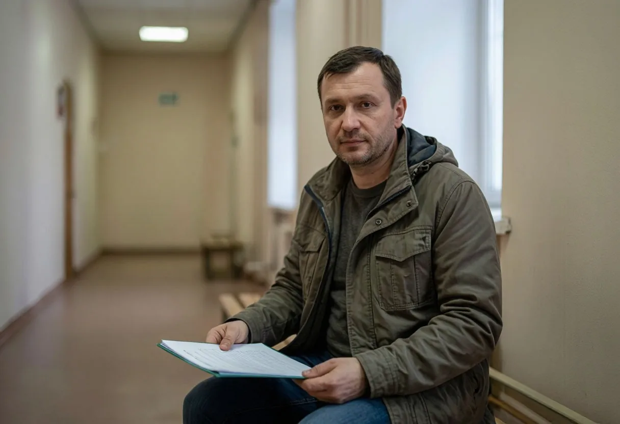 Мужчина с папкой ждёт приёма на скамье в коридоре суда