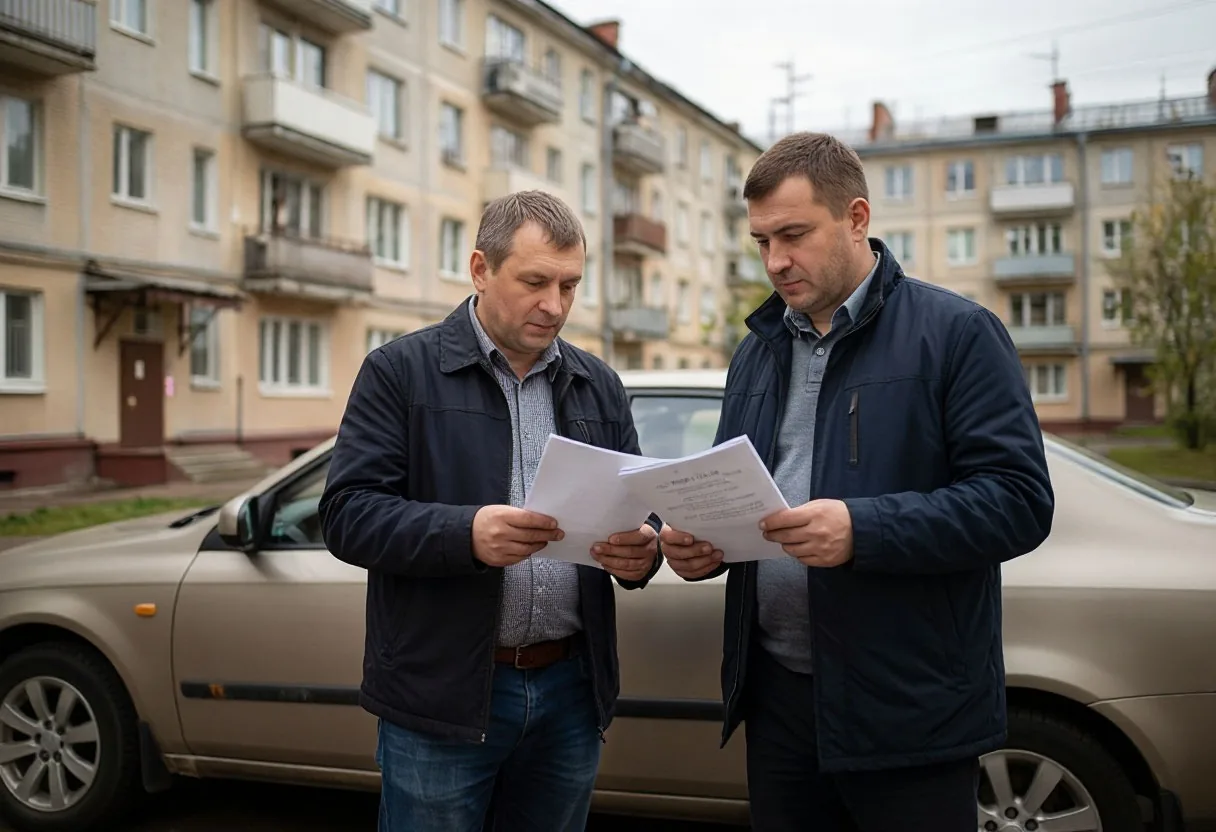 Двое мужчин у автомобиля во дворе обсуждают бумаги по выплате