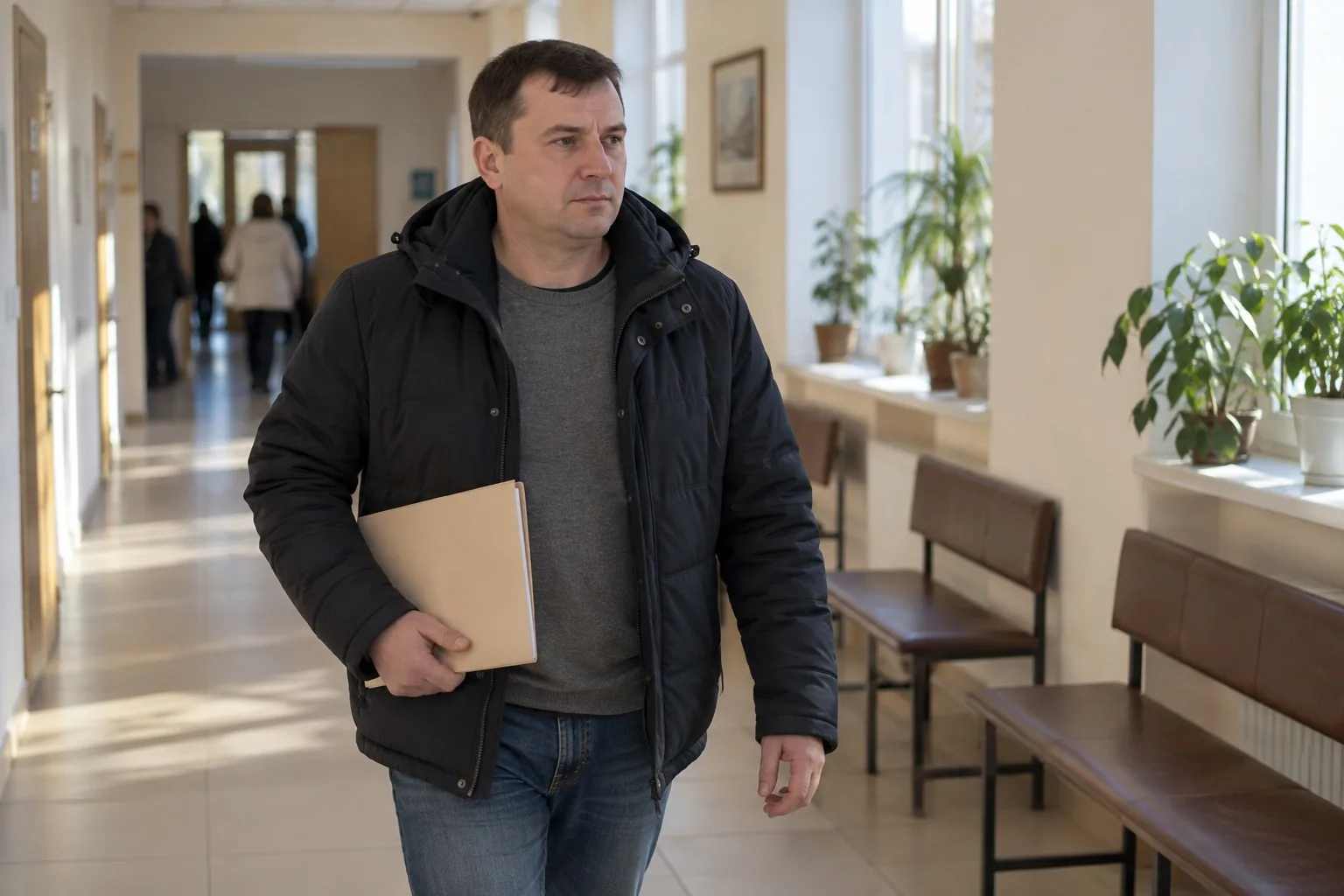 Мужчина с папкой идёт по светлому коридору учреждения вдоль скамей