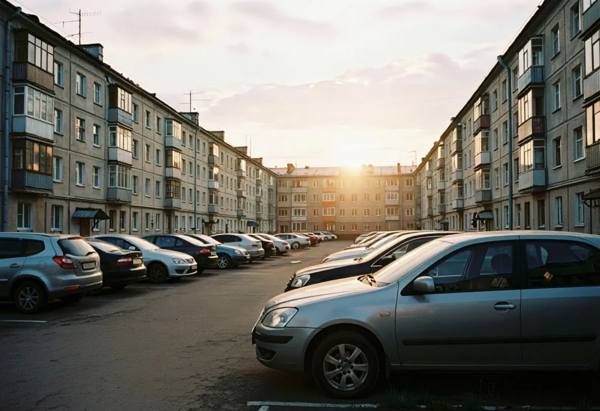 Ряд припаркованных автомобилей во дворе многоэтажного жилого дома утром